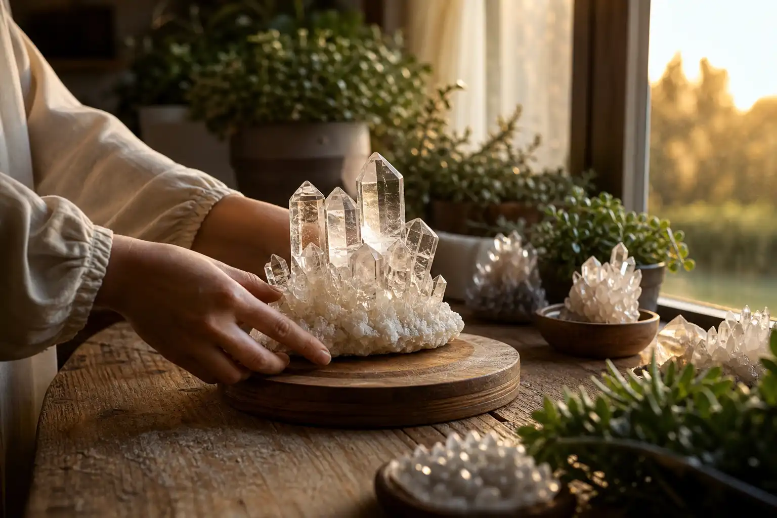 Quelqu'un dispose un objet, autour de chrystal culture floraison, près d'une fenêtre.