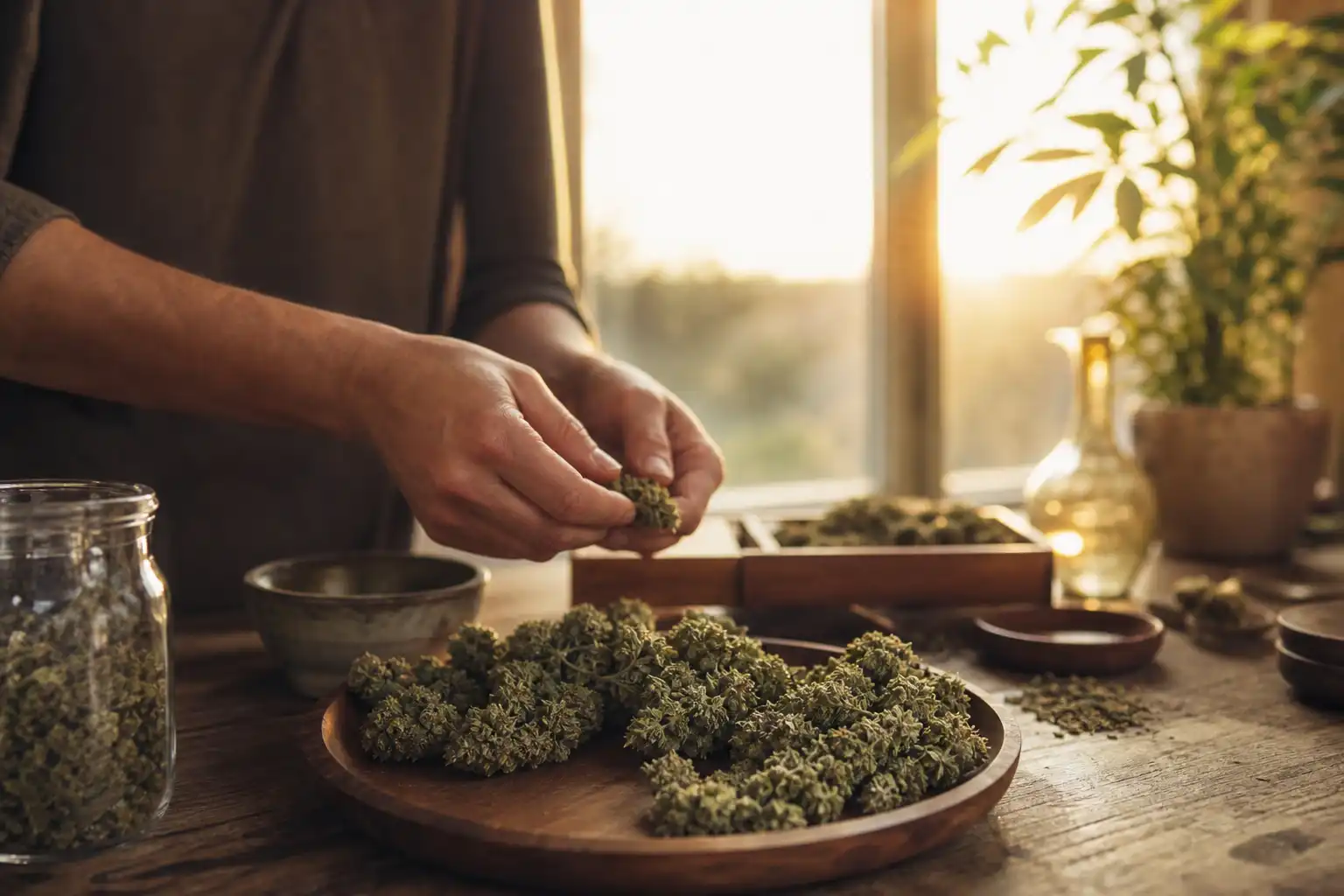 Quelqu'un dispose un objet, autour de cannabis bases avant, près d'une fenêtre.