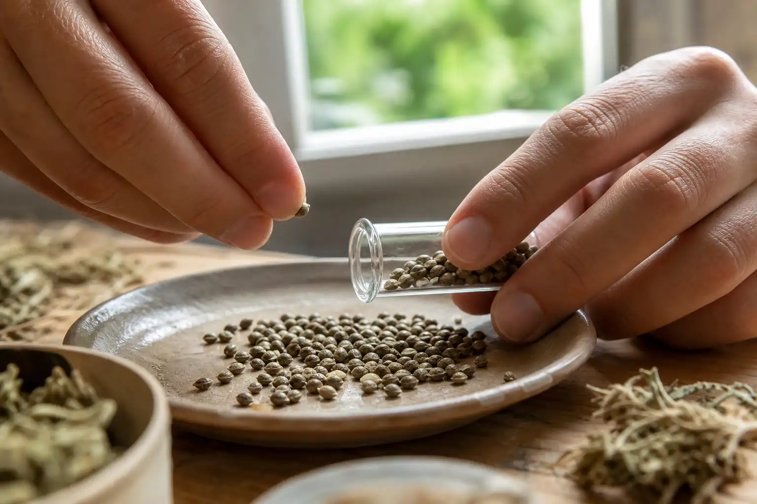 Des mains préparent quelque chose, autour de banque graines cannabis, près d'une fenêtre.