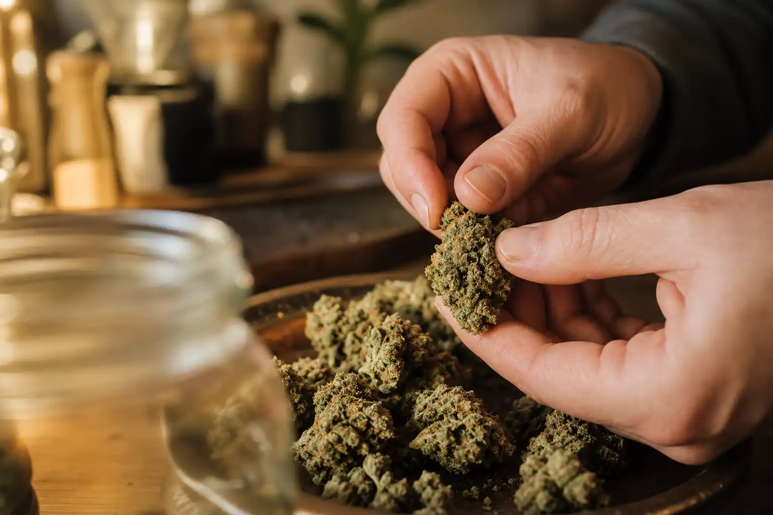 Des mains manipulent un objet, autour de master kush culture, dans une cuisine.