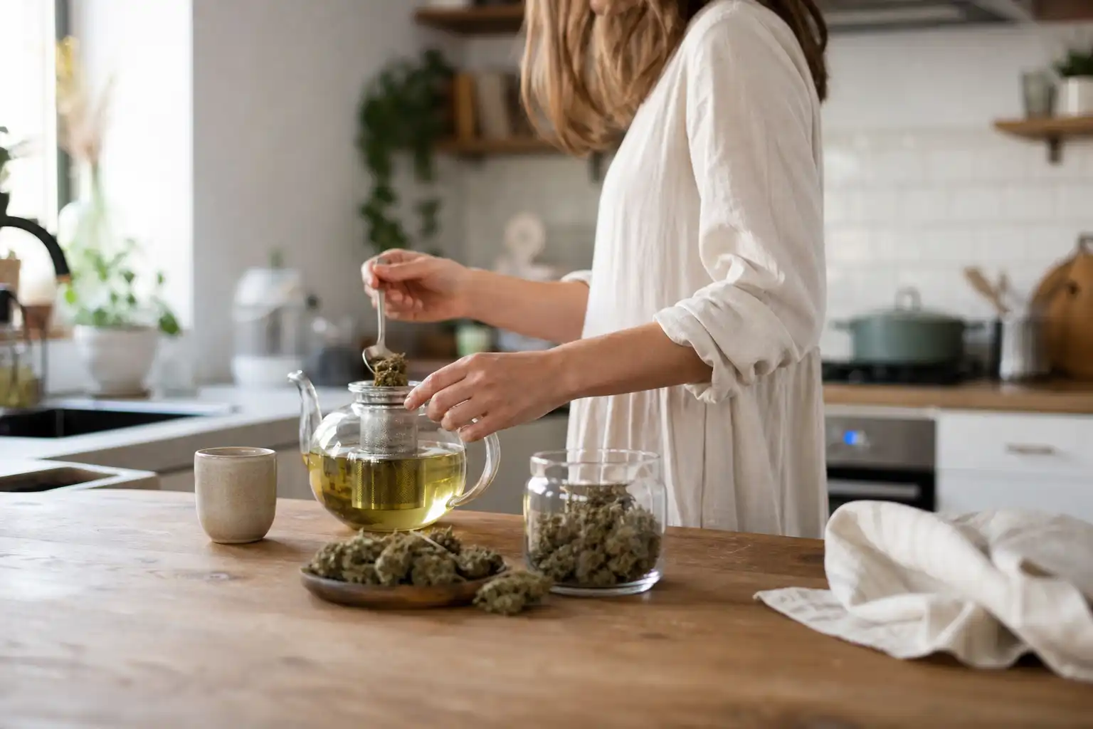 Quelqu'un manipule un objet, autour d'une infusion de chanvre et ses fleurs séchées, dans une cuisine.