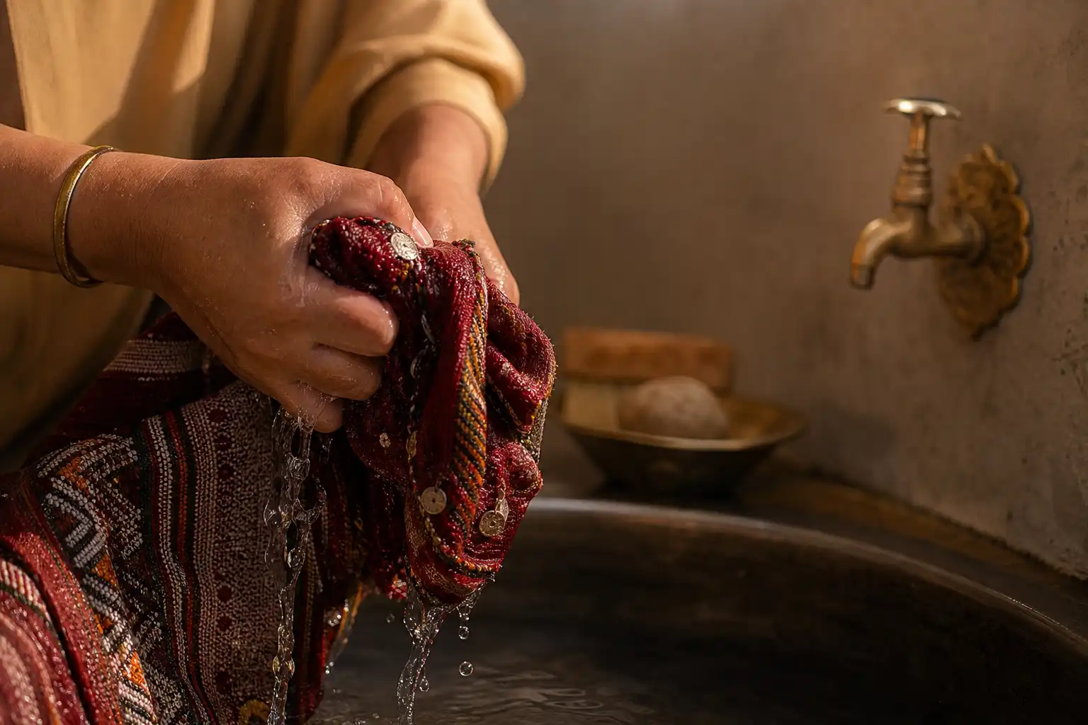 Des mains manipulent un objet, autour de maroc afghan culture, dans une salle de bain.
