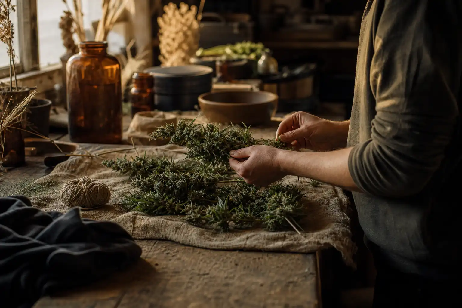 Quelqu'un manipule un objet, autour d'hollands hope culture, dans un atelier.