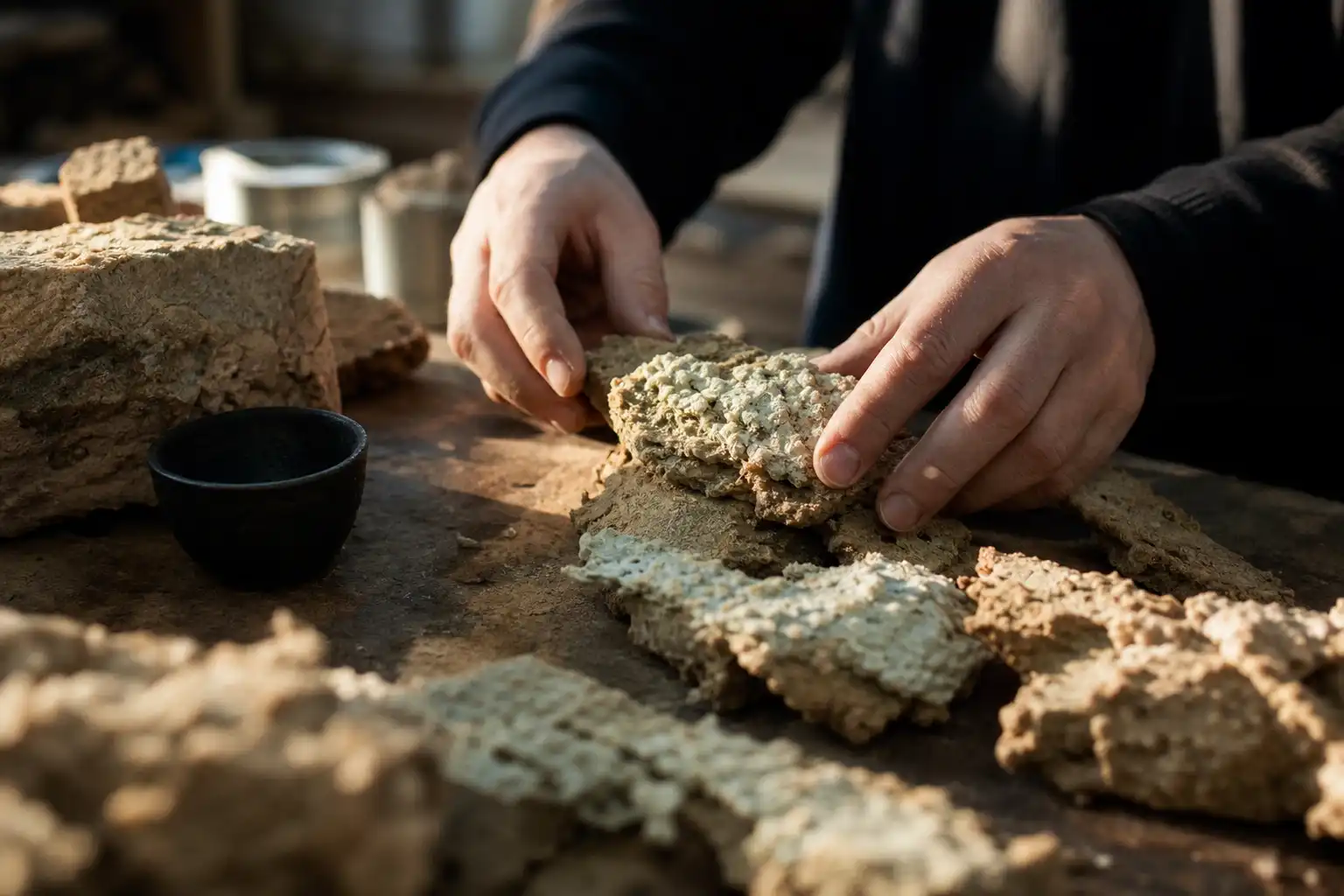 Des mains disposent un objet, autour d'early bud culture, dans un atelier.