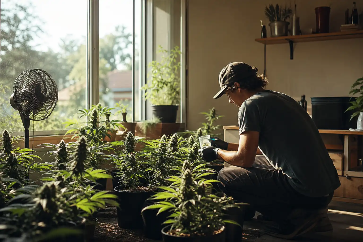 Quelqu'un dose quelque chose, autour de culture intérieure cannabis, près d'une fenêtre.