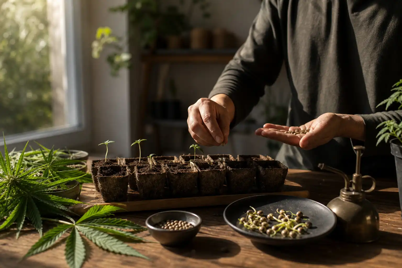 Quelqu'un dispose un objet, autour de cannabis étapes graine, près d'une fenêtre.