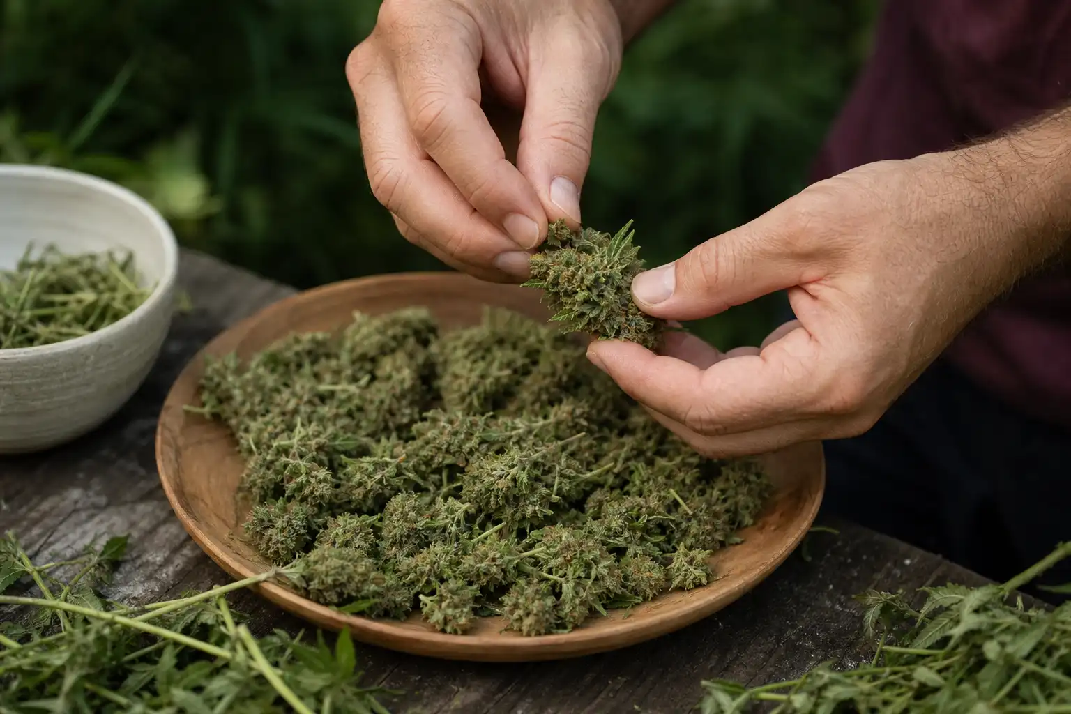 Des mains manipulent un objet, autour de sensi seeds snoop, dans un jardin.