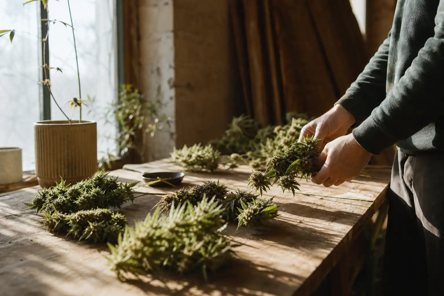 Quelqu'un dispose un objet, autour de variétés cannabis, près d'une fenêtre.