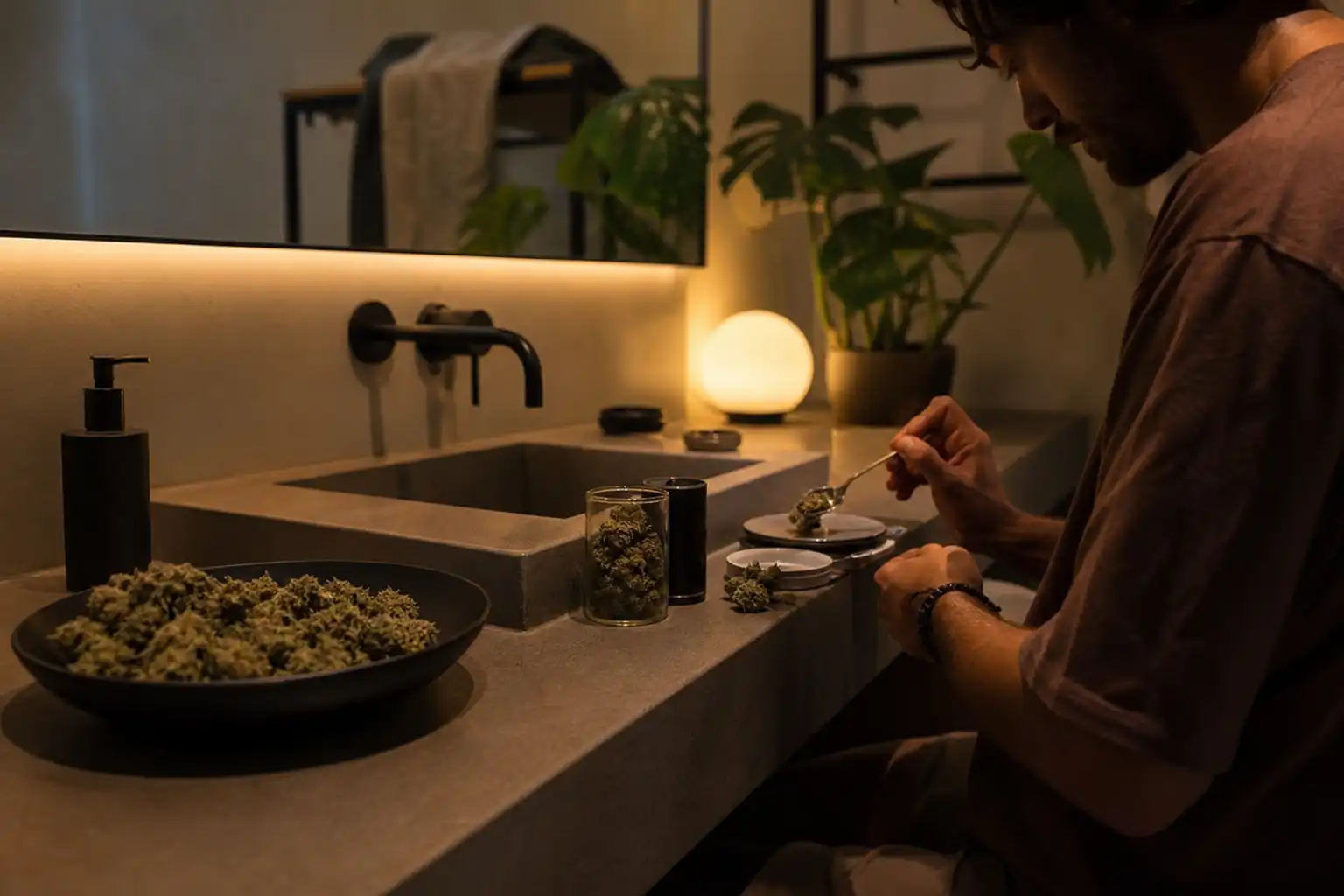 Quelqu'un dose quelque chose, autour de jack herer culture, dans une salle de bain.