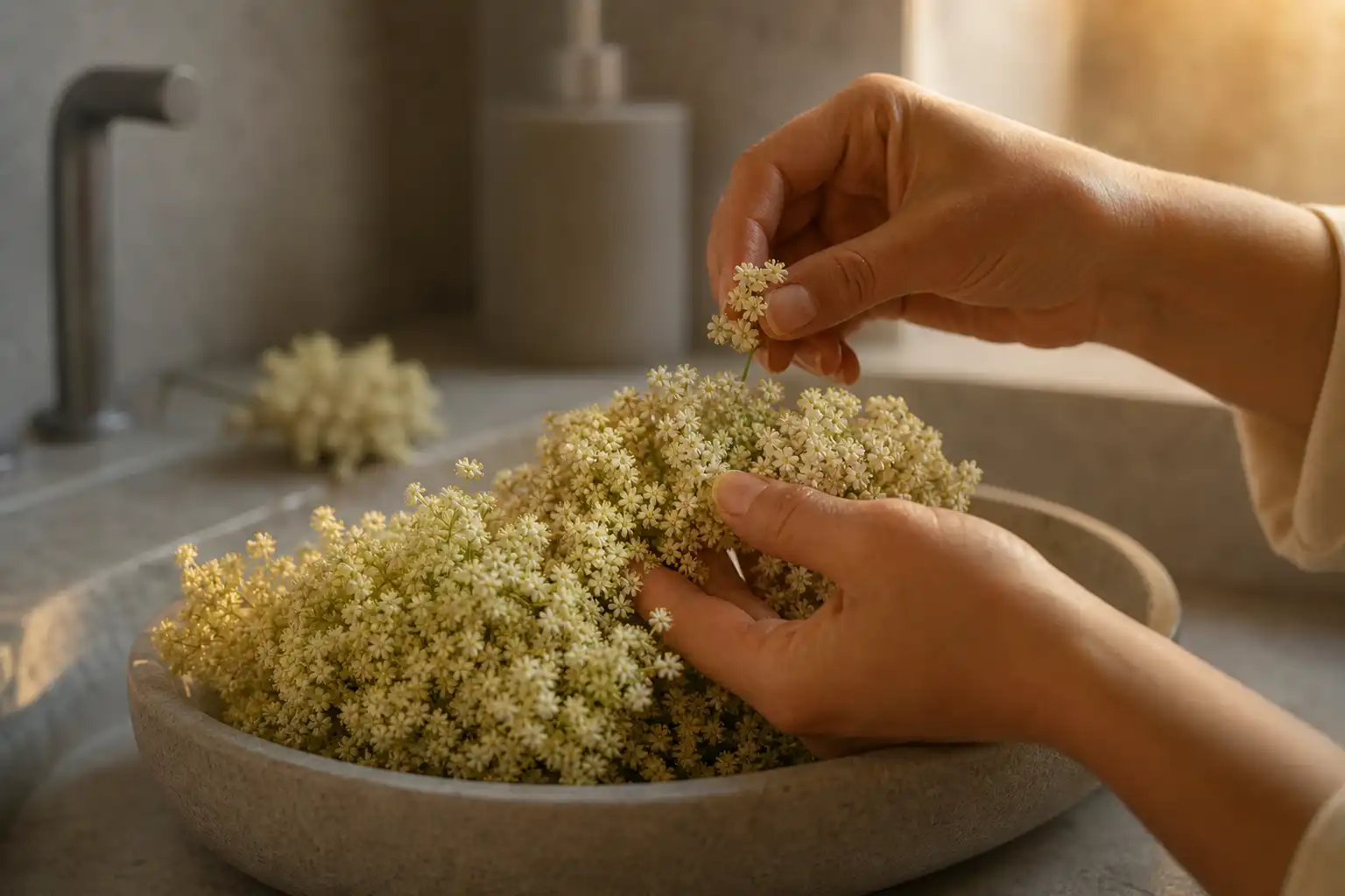 Des mains manipulent un objet, autour de citral culture floraison, dans une salle de bain.