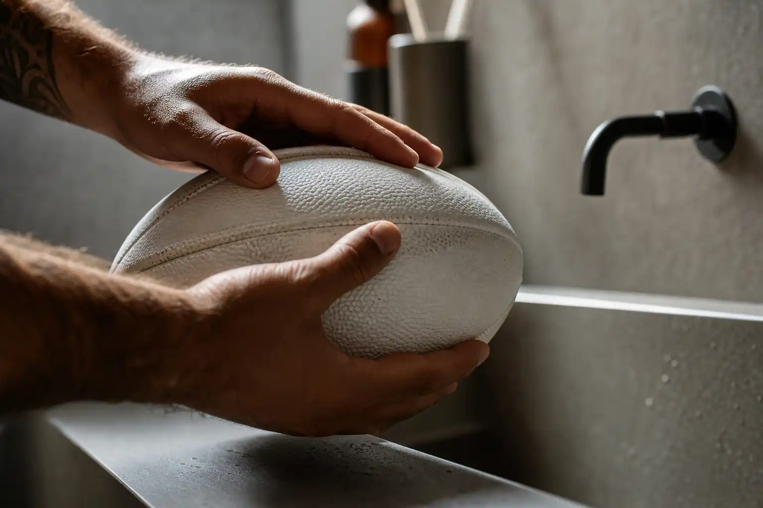 Des mains disposent un objet, autour de rugby joueur anglet, dans une salle de bain.