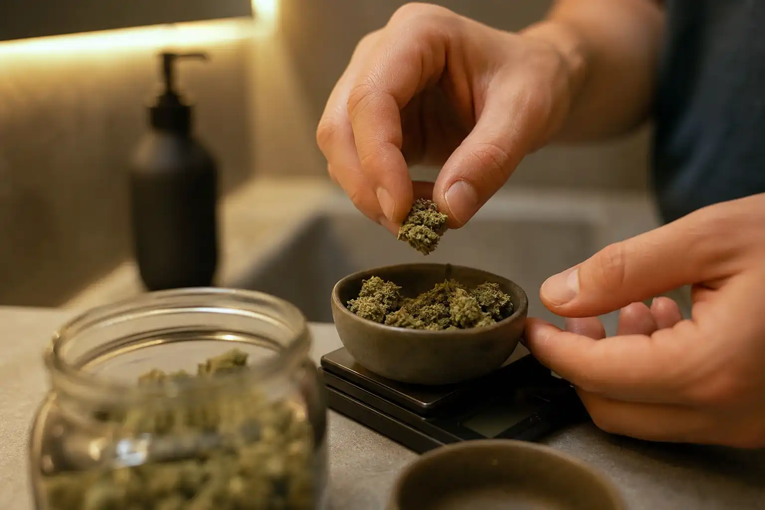 Des mains dosent quelque chose, autour de jack herer culture, dans une salle de bain.