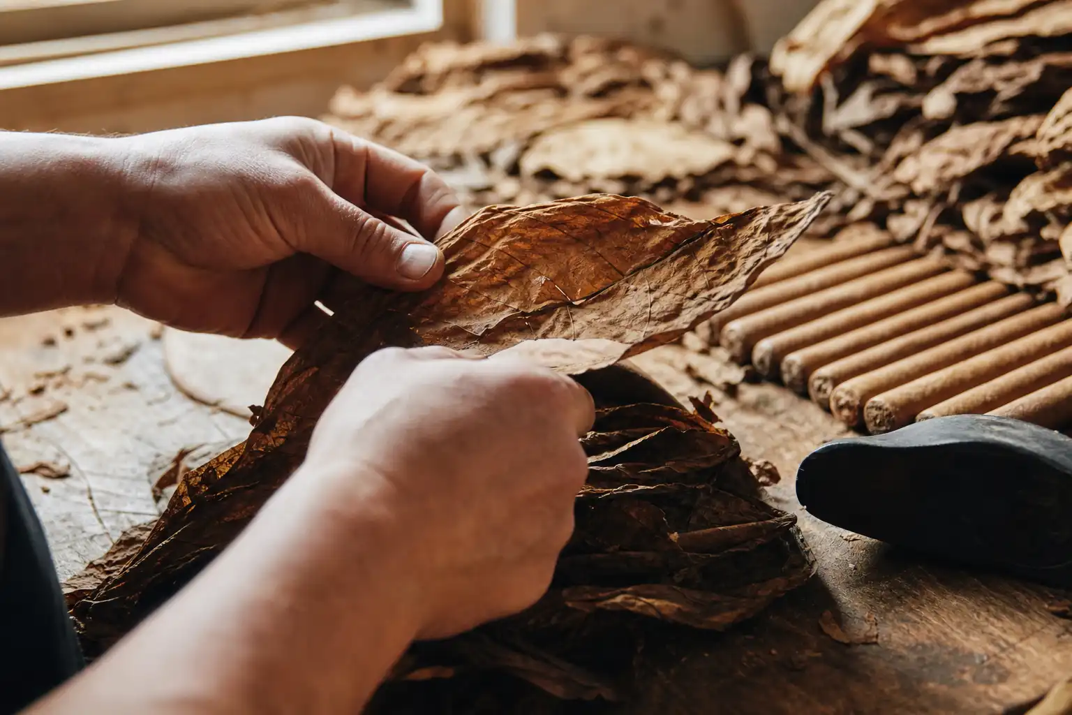 Des mains manipulent un objet, autour de culture caractéristiques variété, dans un atelier.