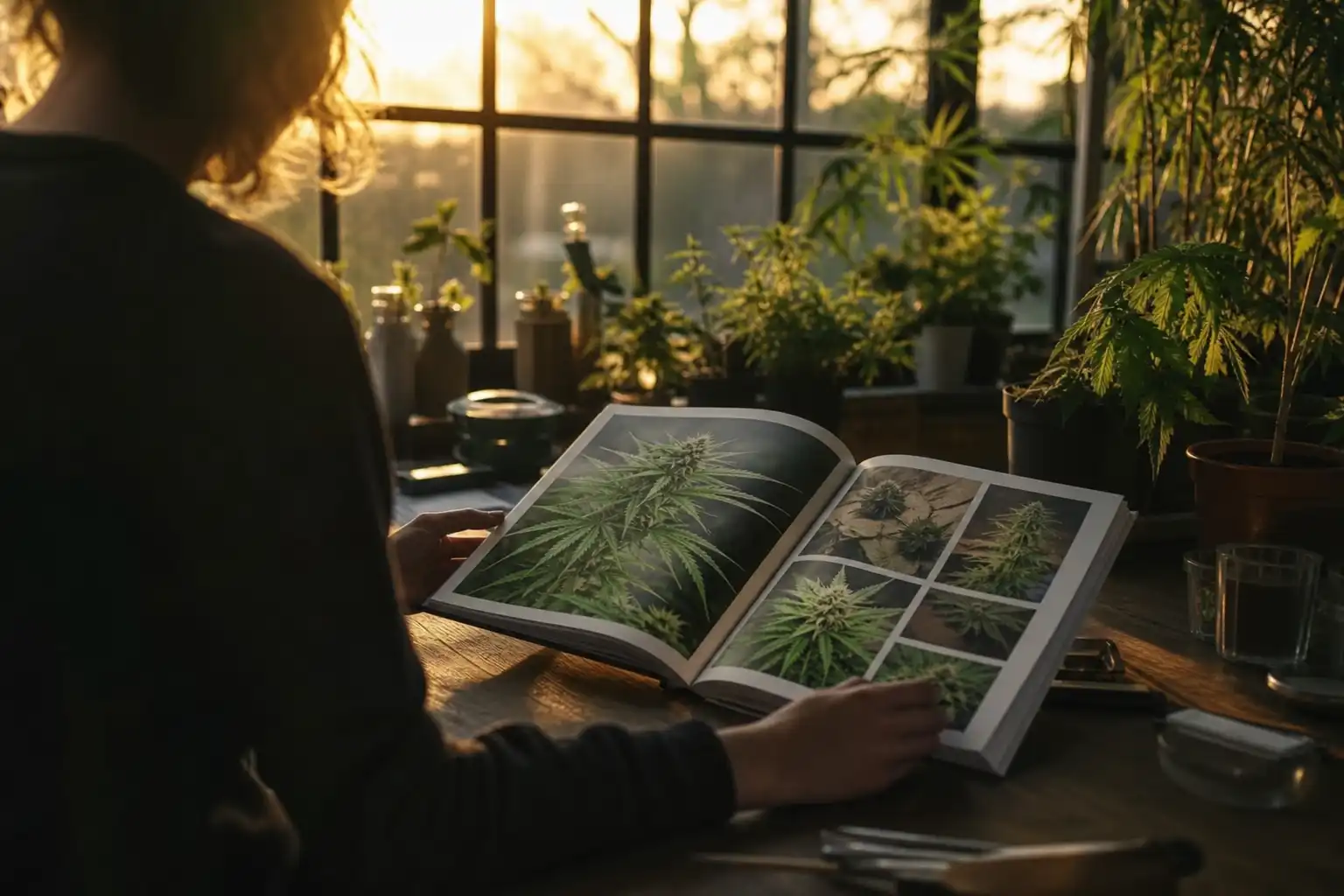 Quelqu'un prépare quelque chose, autour de guide culture cannabis, près d'une fenêtre.