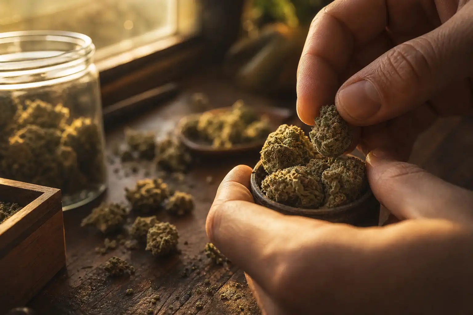 Des mains disposent un objet, autour de kc master kush, près d'une fenêtre.