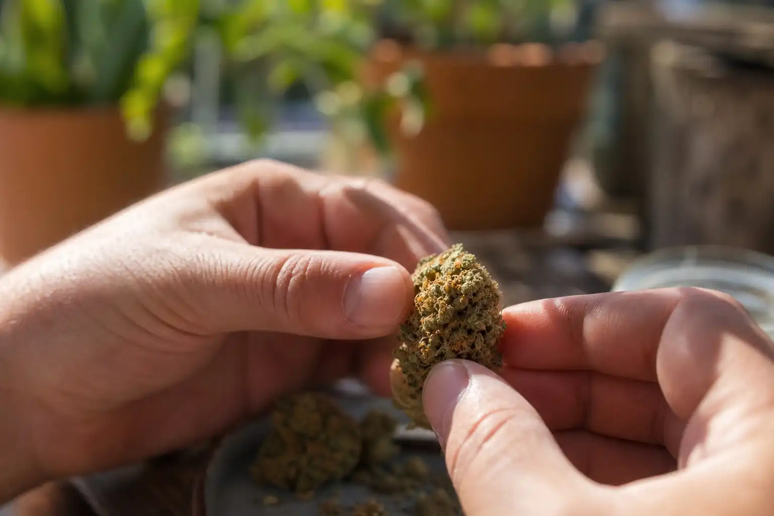 Des mains préparent quelque chose, autour de california orange bud, dans un jardin.