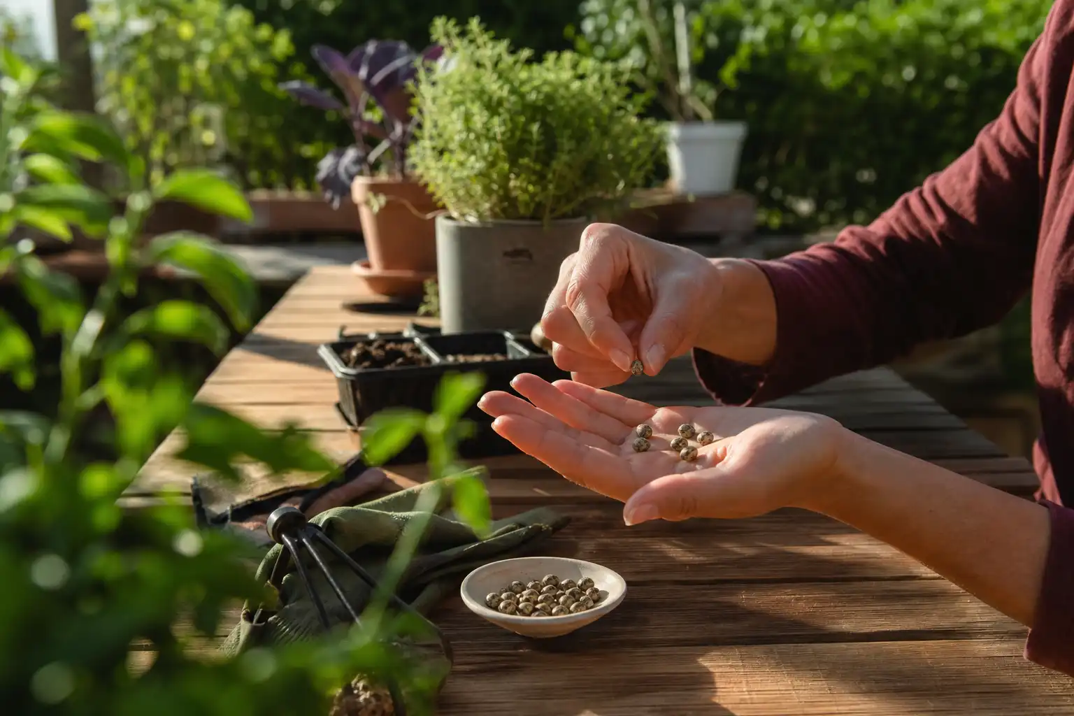 Quelqu'un examine un objet, autour de graines big bud, dans un jardin.
