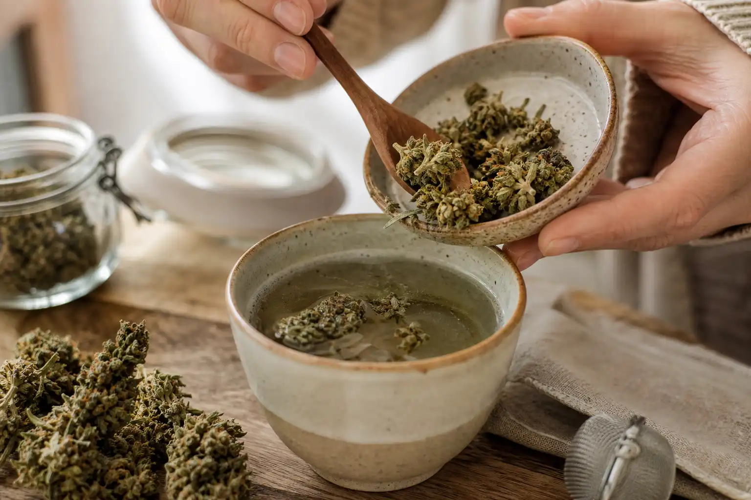 Des mains manipulent un objet, autour d'une infusion de chanvre et ses fleurs séchées, dans une cuisine.