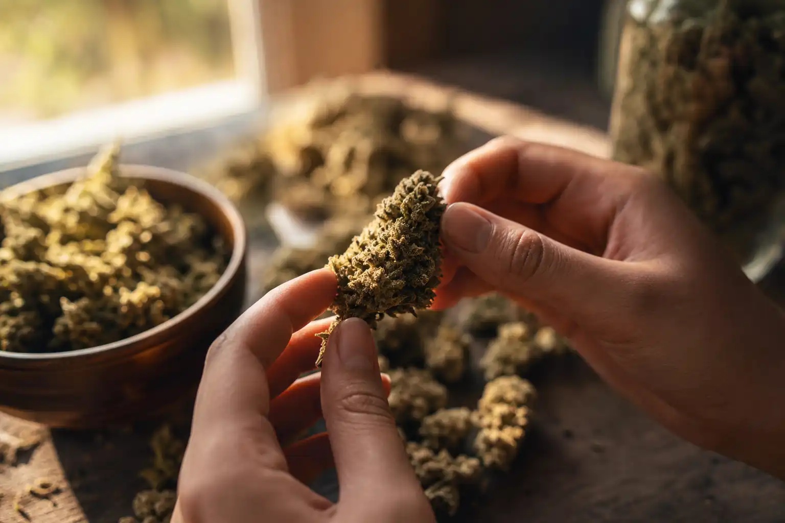 Des mains manipulent un objet, autour de the dank duchess, près d'une fenêtre.