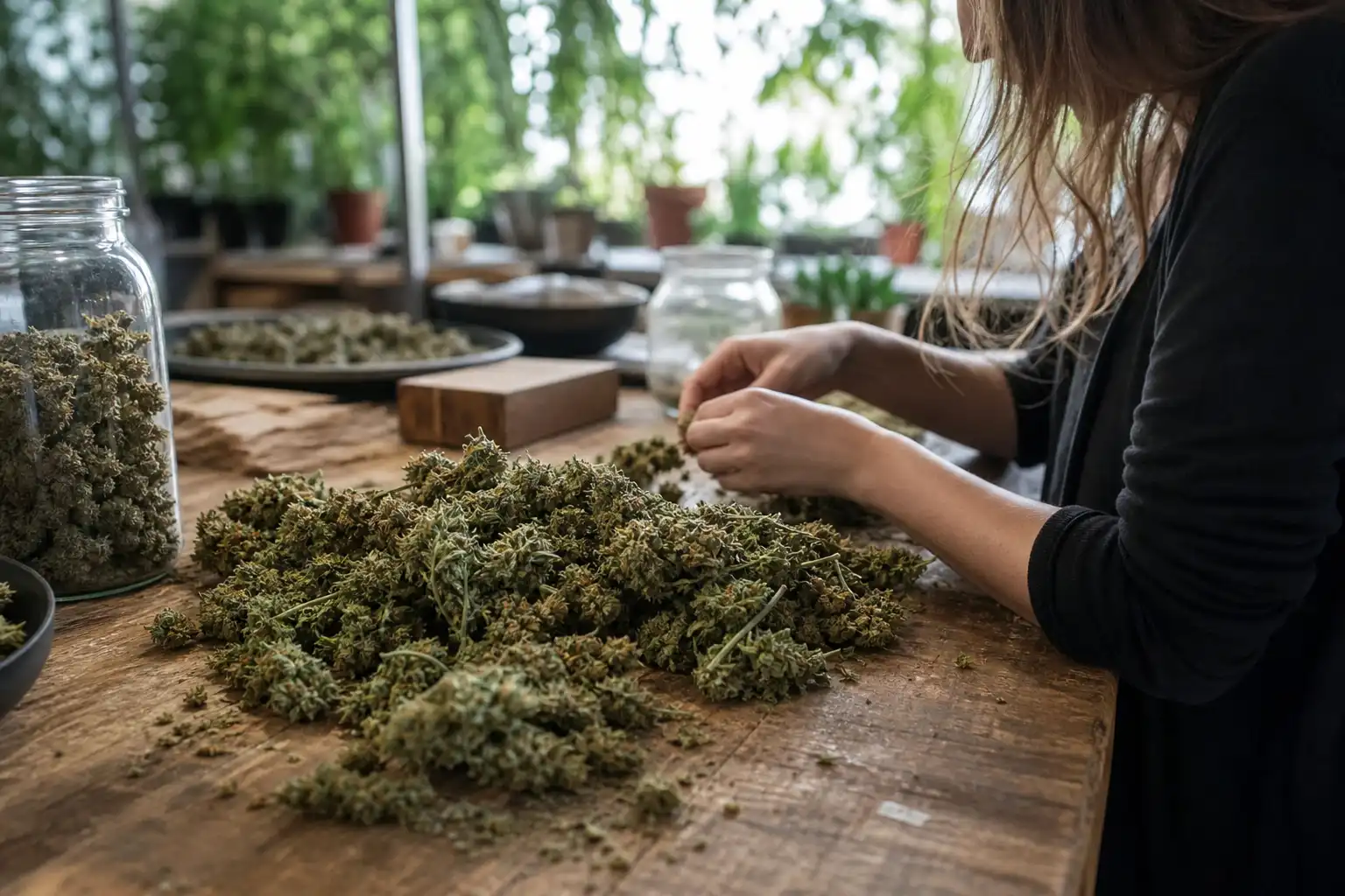 Quelqu'un manipule un objet, autour de mixed sativa mélange, près d'une table en bois.
