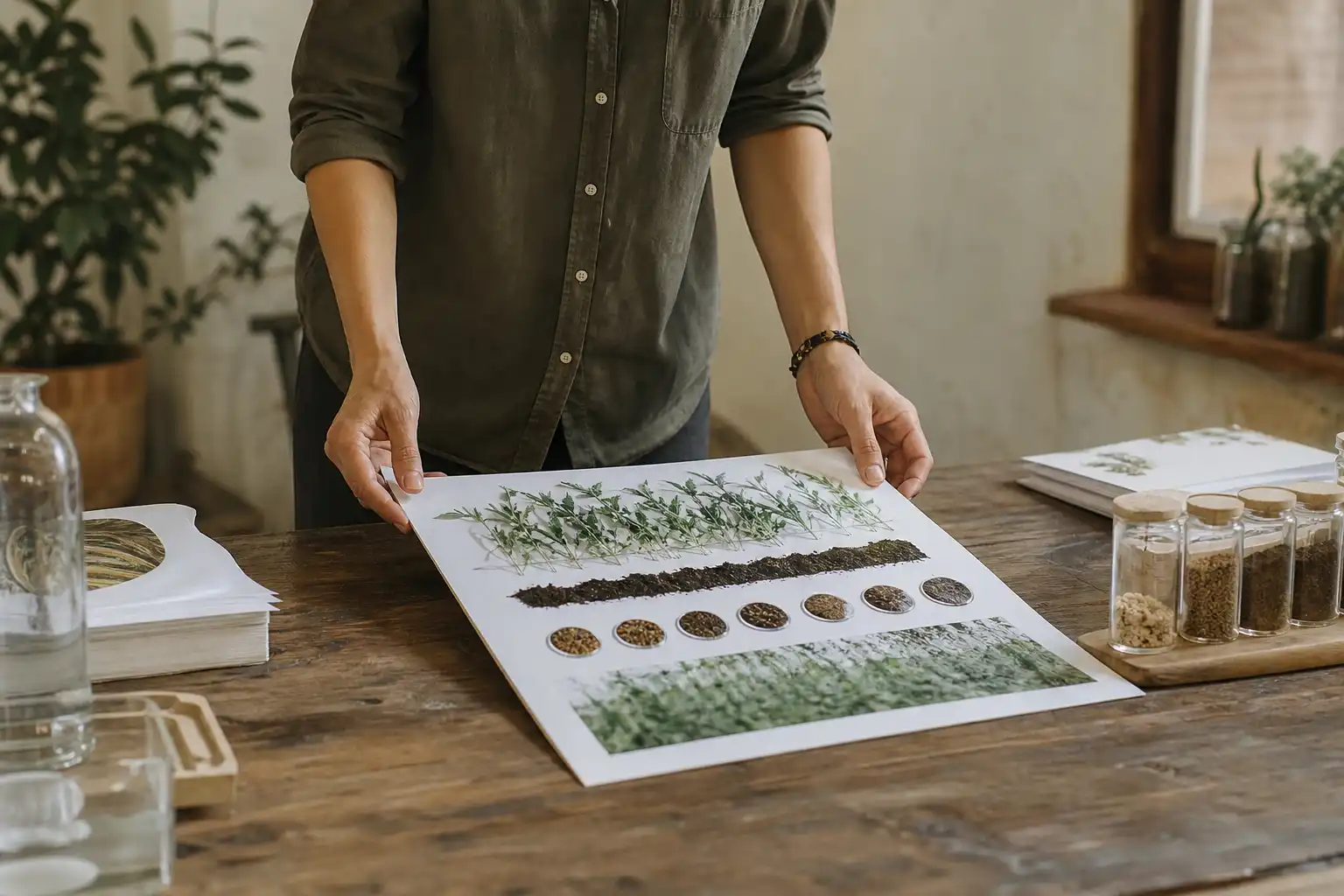 Quelqu'un dispose un objet, autour de caractéristiques conduite culture, près d'une table en bois.
