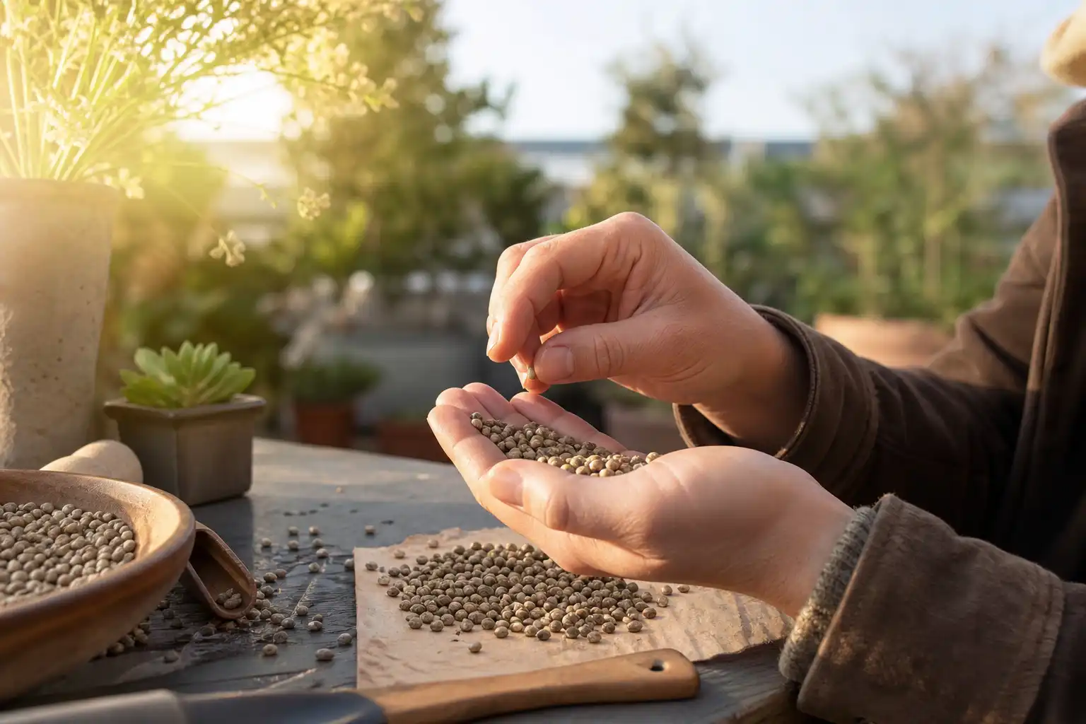 Quelqu'un examine un objet, autour de graines afghan origines, dans un jardin.