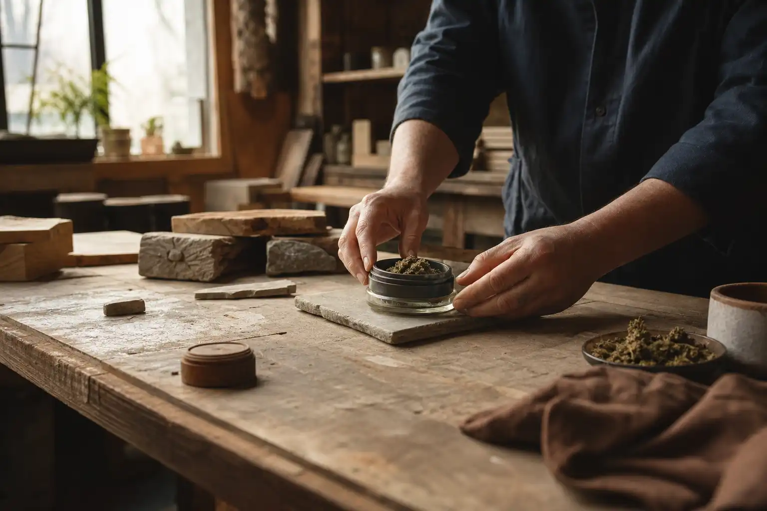 Quelqu'un dispose un objet, autour d'early bud culture, dans un atelier.