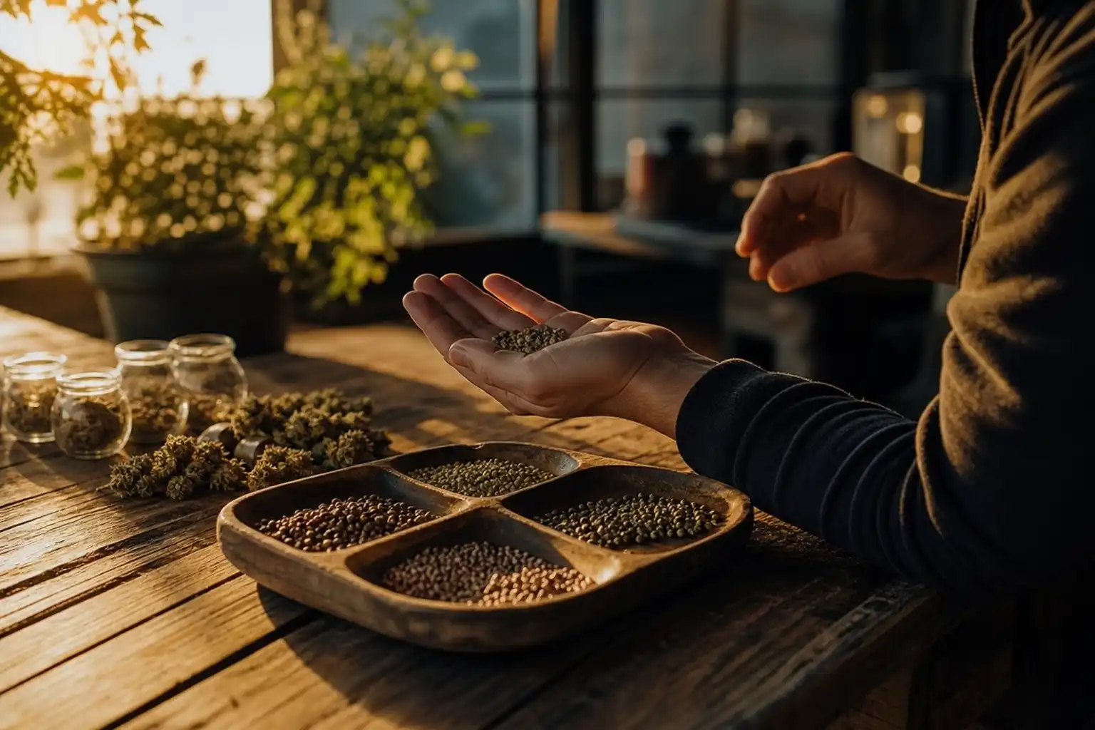 Quelqu'un examine un objet, autour de variétés graines cannabis, près d'une table en bois.