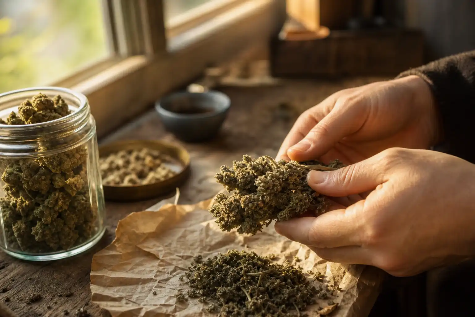Des mains disposent un objet, autour de cannabis bases avant, près d'une fenêtre.