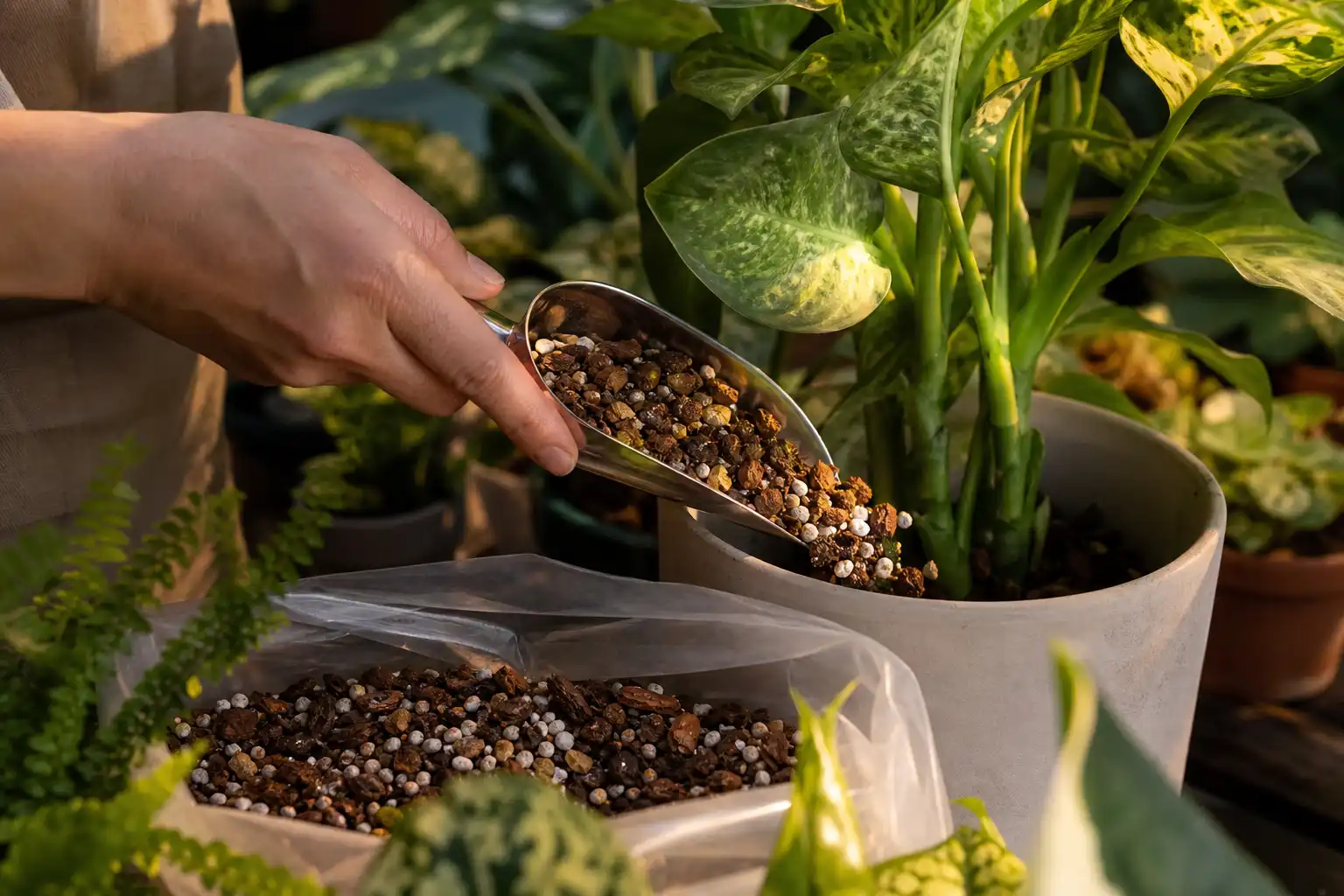 Des mains dosent quelque chose, autour d'indoor mix assortiment, dans un jardin.