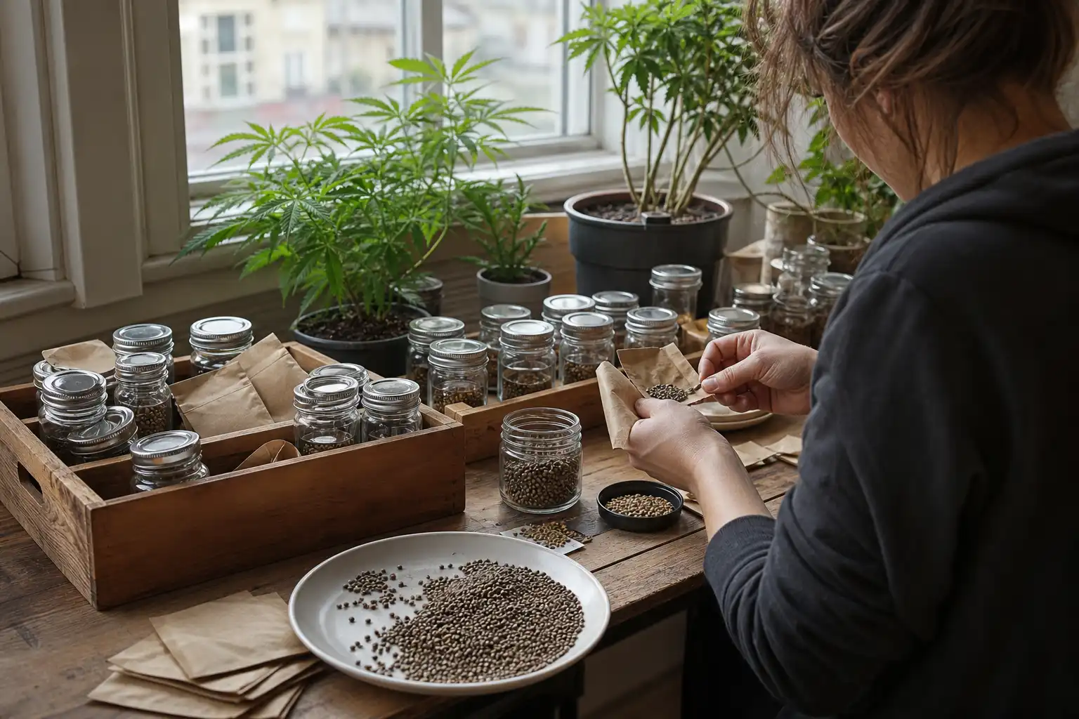 Quelqu'un prépare quelque chose, autour de banque graines cannabis, près d'une fenêtre.
