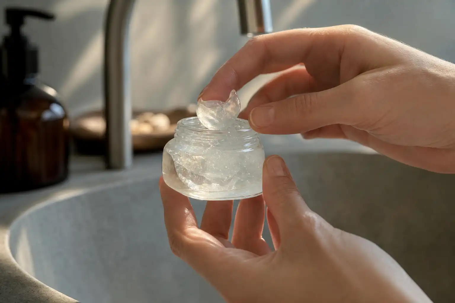 Des mains manipulent un objet, autour d'ice culture caractéristiques, dans une salle de bain.