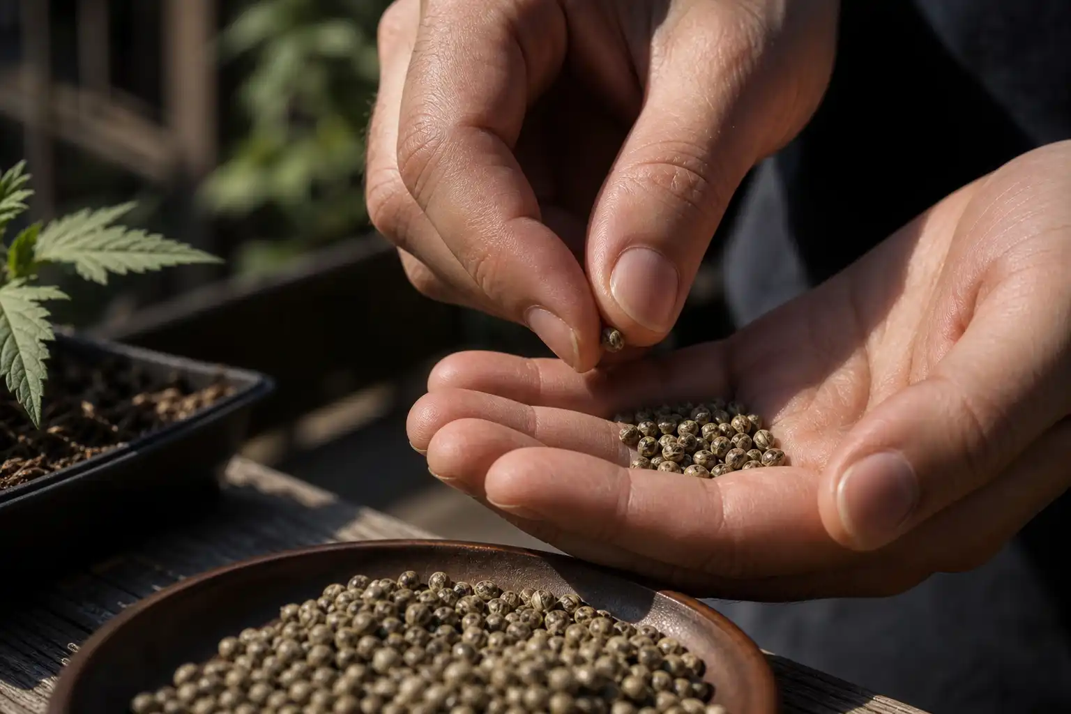 Des mains manipulent un objet, autour de graine cannabis com, dans un jardin.
