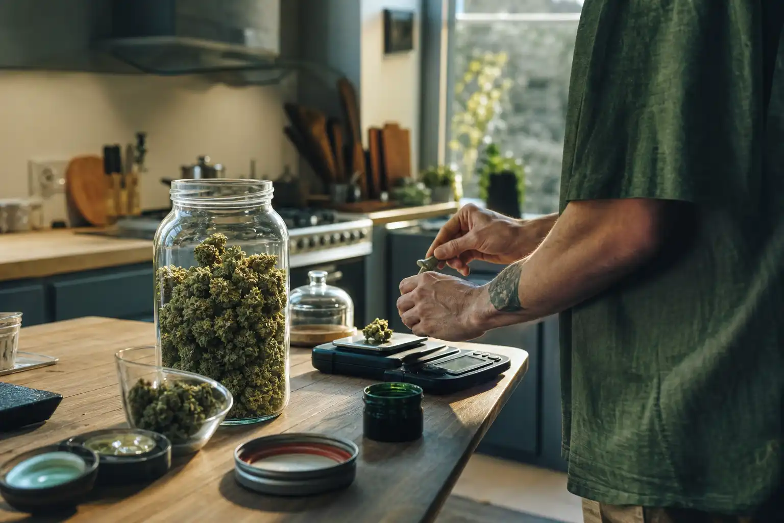 Quelqu'un dose quelque chose, autour de big bud culture, dans une cuisine.