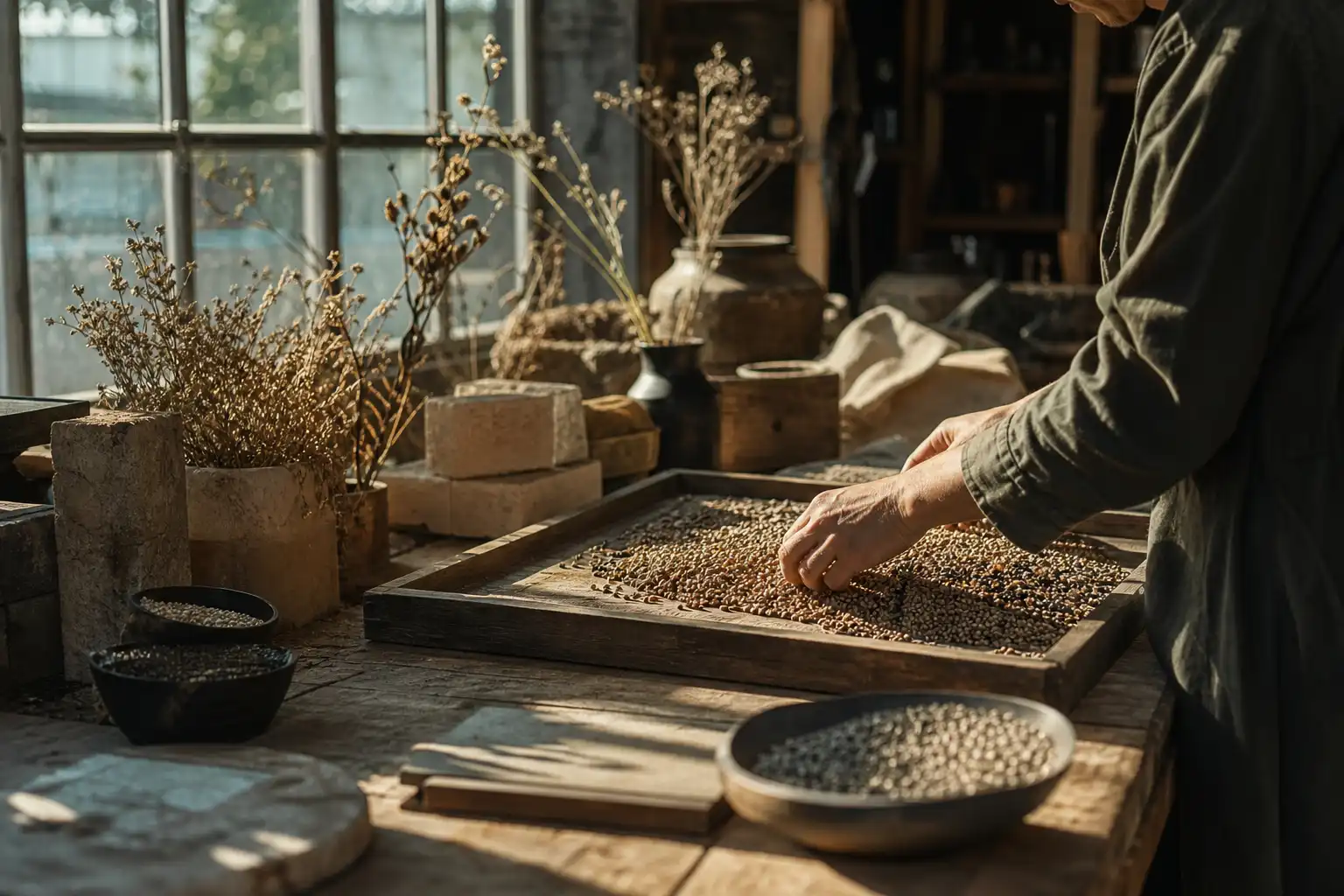 Quelqu'un dispose un objet, autour de graines profil culture, dans un atelier.
