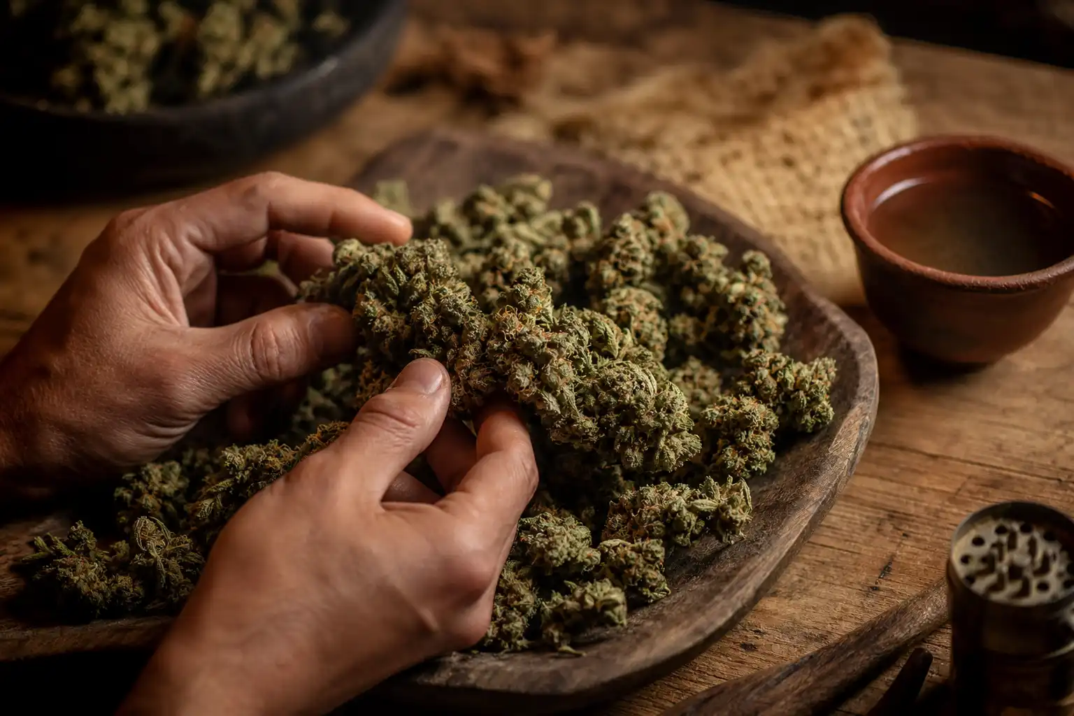 Des mains disposent un objet, autour d'hindu kush culture, près d'une table en bois.