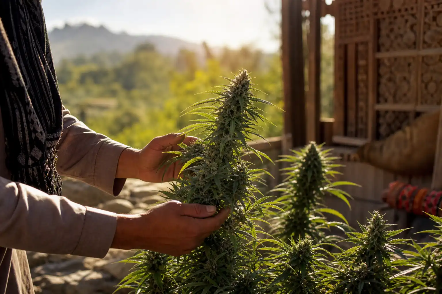 Quelqu'un examine un objet, autour d'afghan culture indica, dans un jardin.
