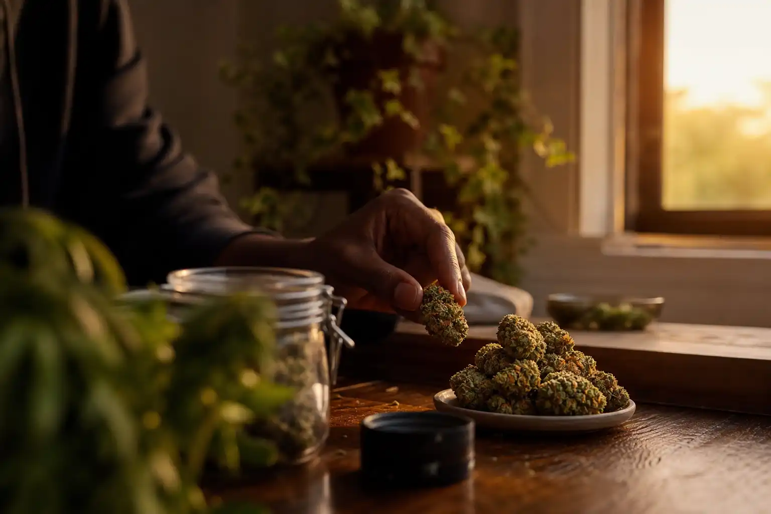 Quelqu'un dispose un objet, autour de kc master kush, près d'une fenêtre.
