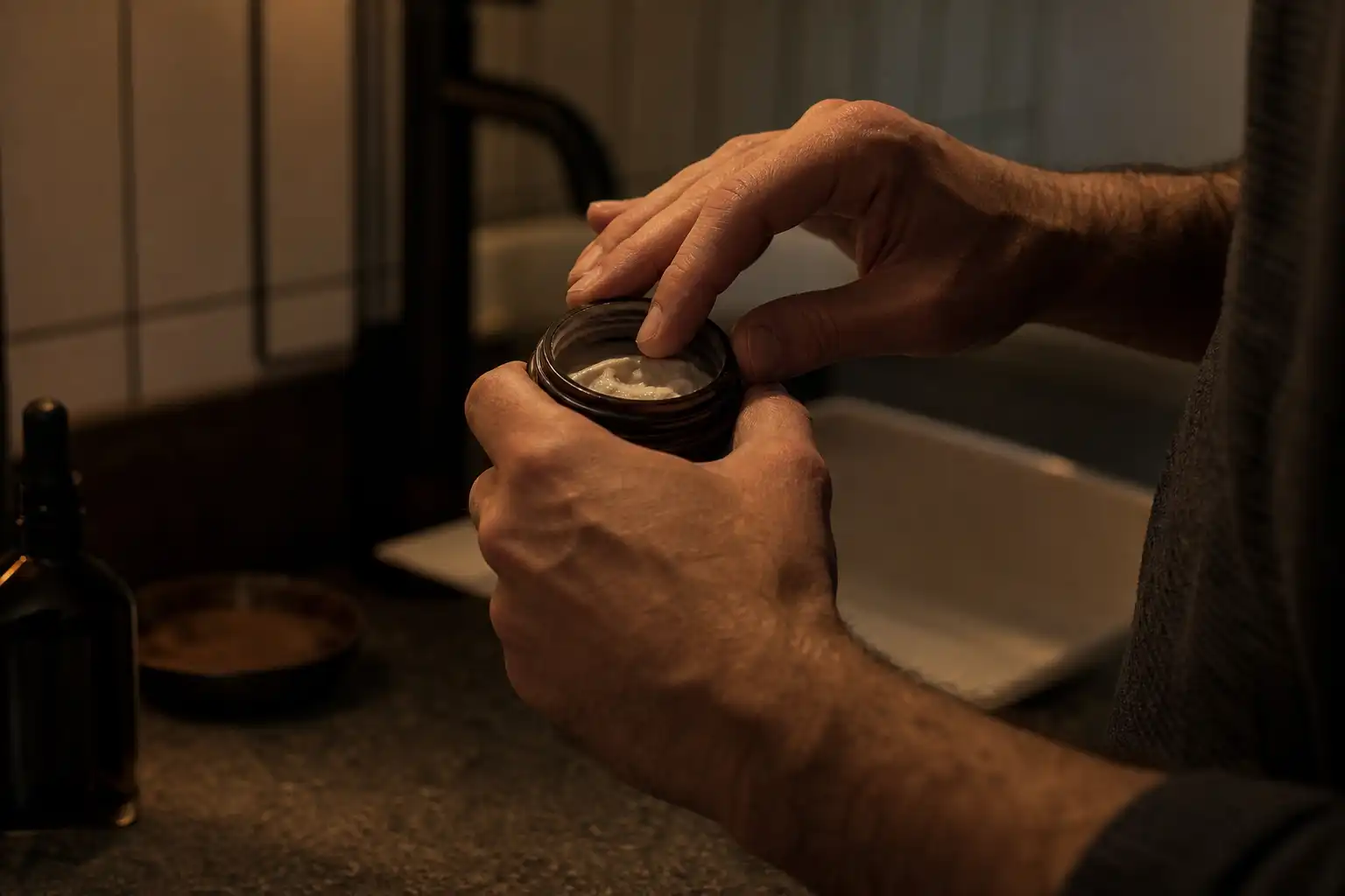 Des mains préparent quelque chose, autour de jimmy kimmel célèbrera, dans une salle de bain.