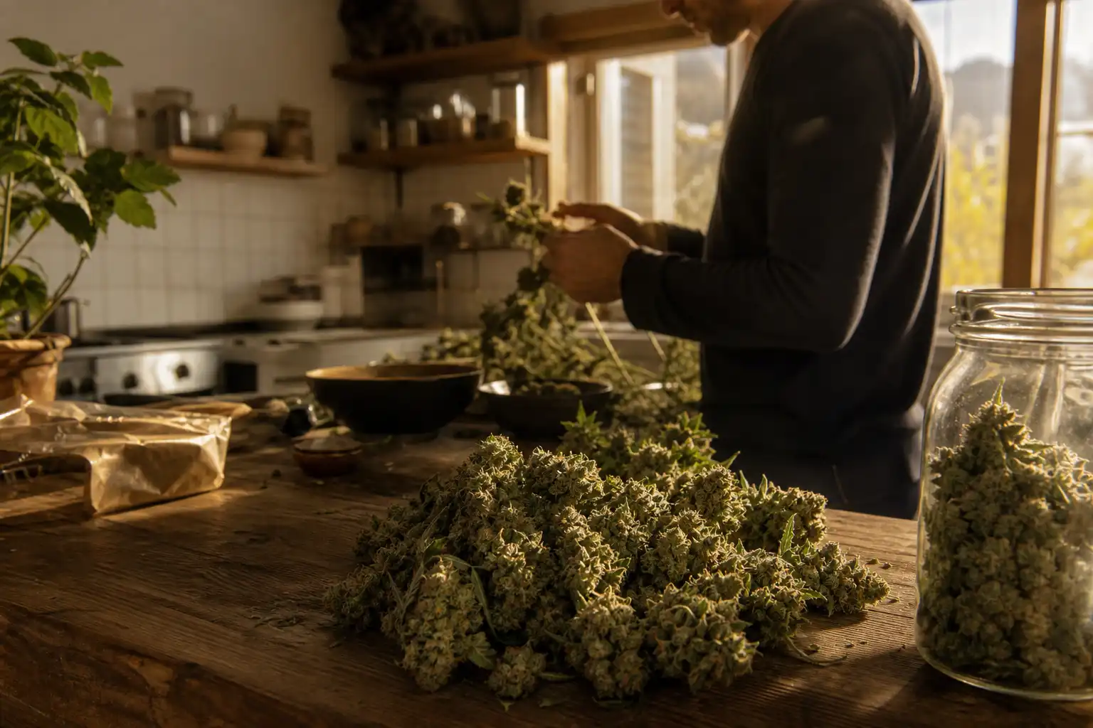 Quelqu'un manipule un objet, autour de master kush culture, dans une cuisine.