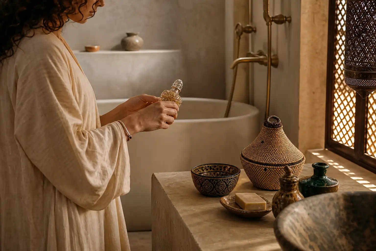 Quelqu'un manipule un objet, autour de maroc afghan culture, dans une salle de bain.