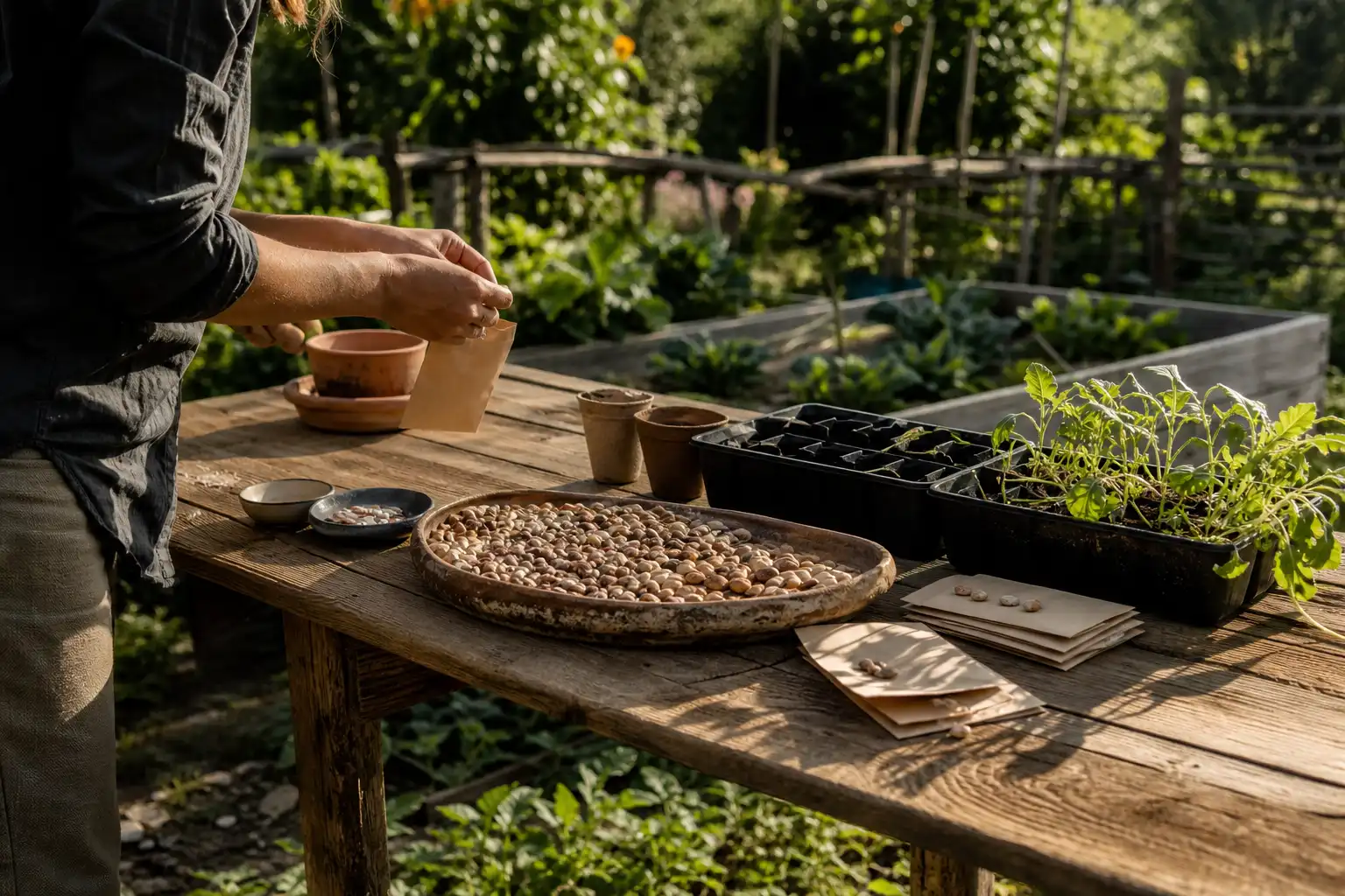 Quelqu'un manipule un objet, autour de graines culture extérieure, près d'une table en bois.