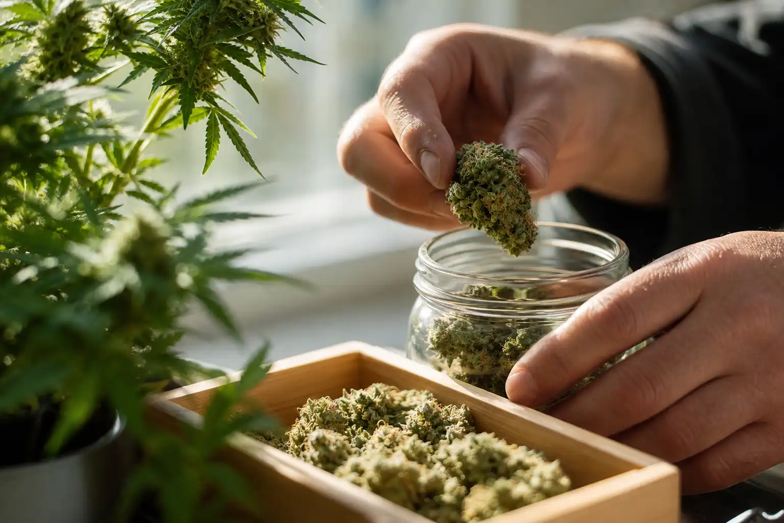 Des mains dosent quelque chose, autour de culture intérieure cannabis, près d'une fenêtre.