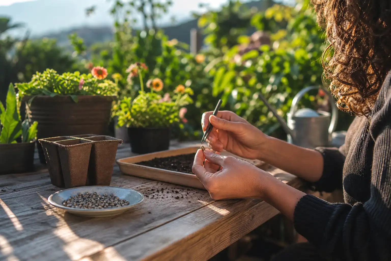 Quelqu'un manipule un objet, autour de graine cannabis com, dans un jardin.
