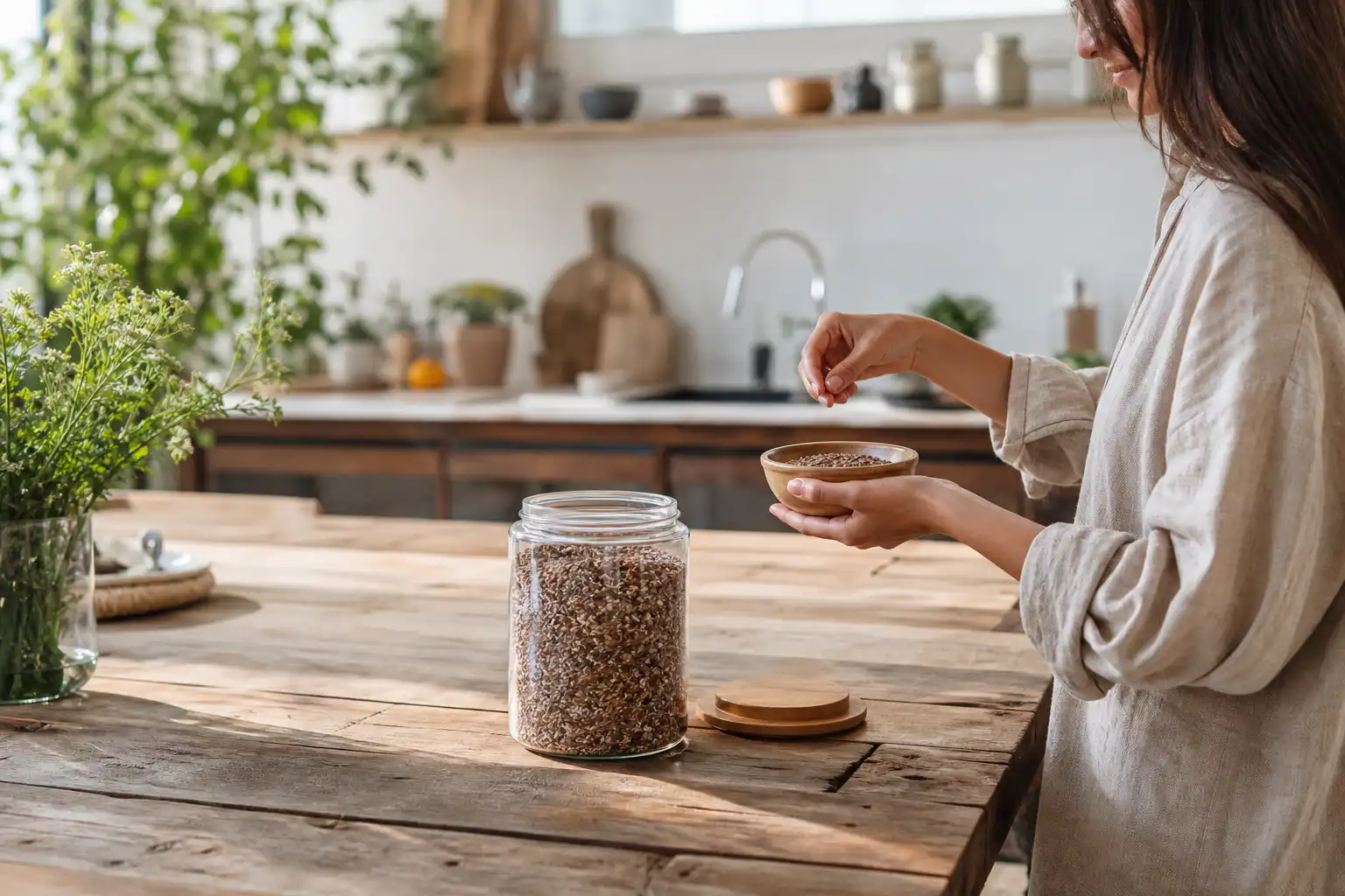 Quelqu'un manipule un objet, autour de graines ice profil, près d'une table en bois.