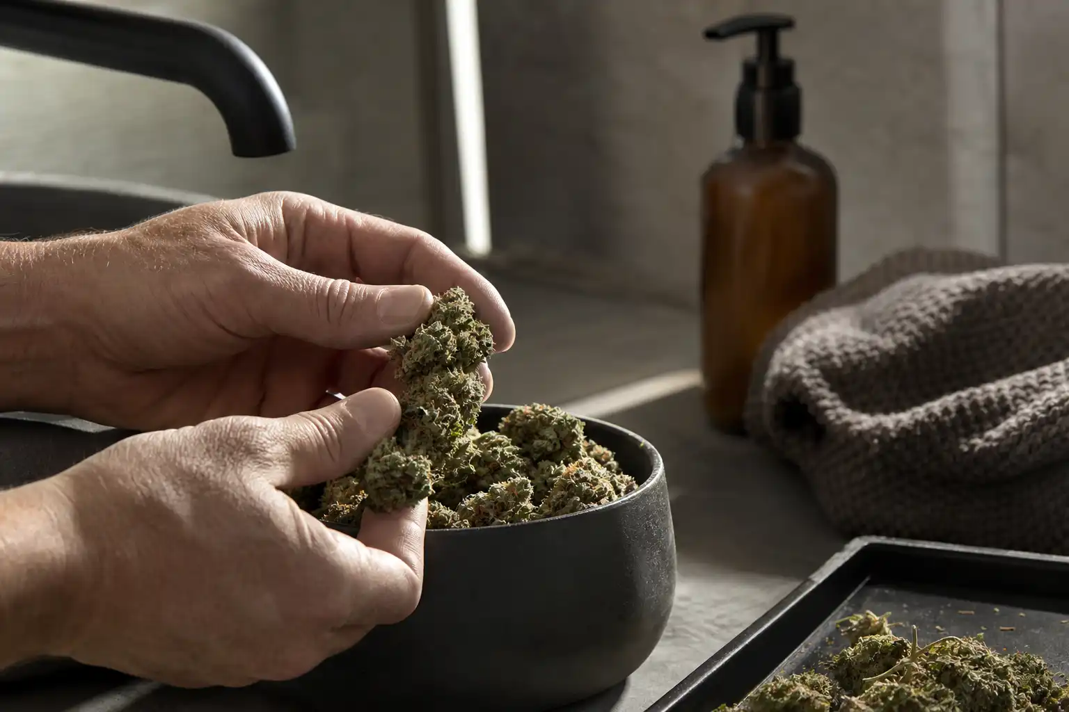 Des mains disposent un objet, autour de cannabis intérieur extérieur, dans une salle de bain.