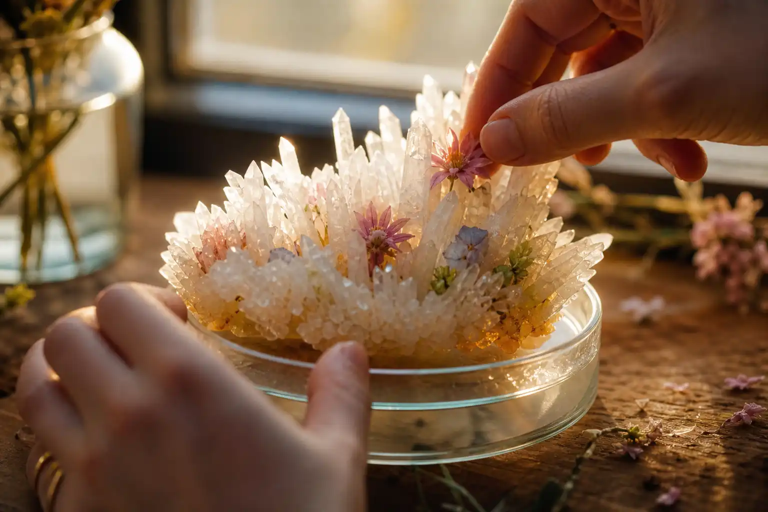 Des mains disposent un objet, autour de chrystal culture floraison, près d'une fenêtre.