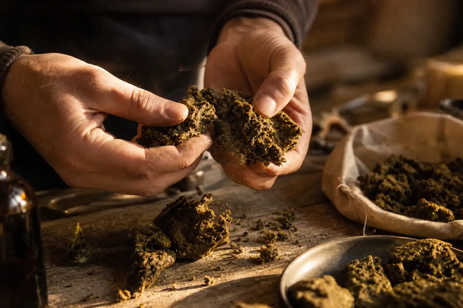 Des mains manipulent un objet, autour d'hollands hope culture, dans un atelier.