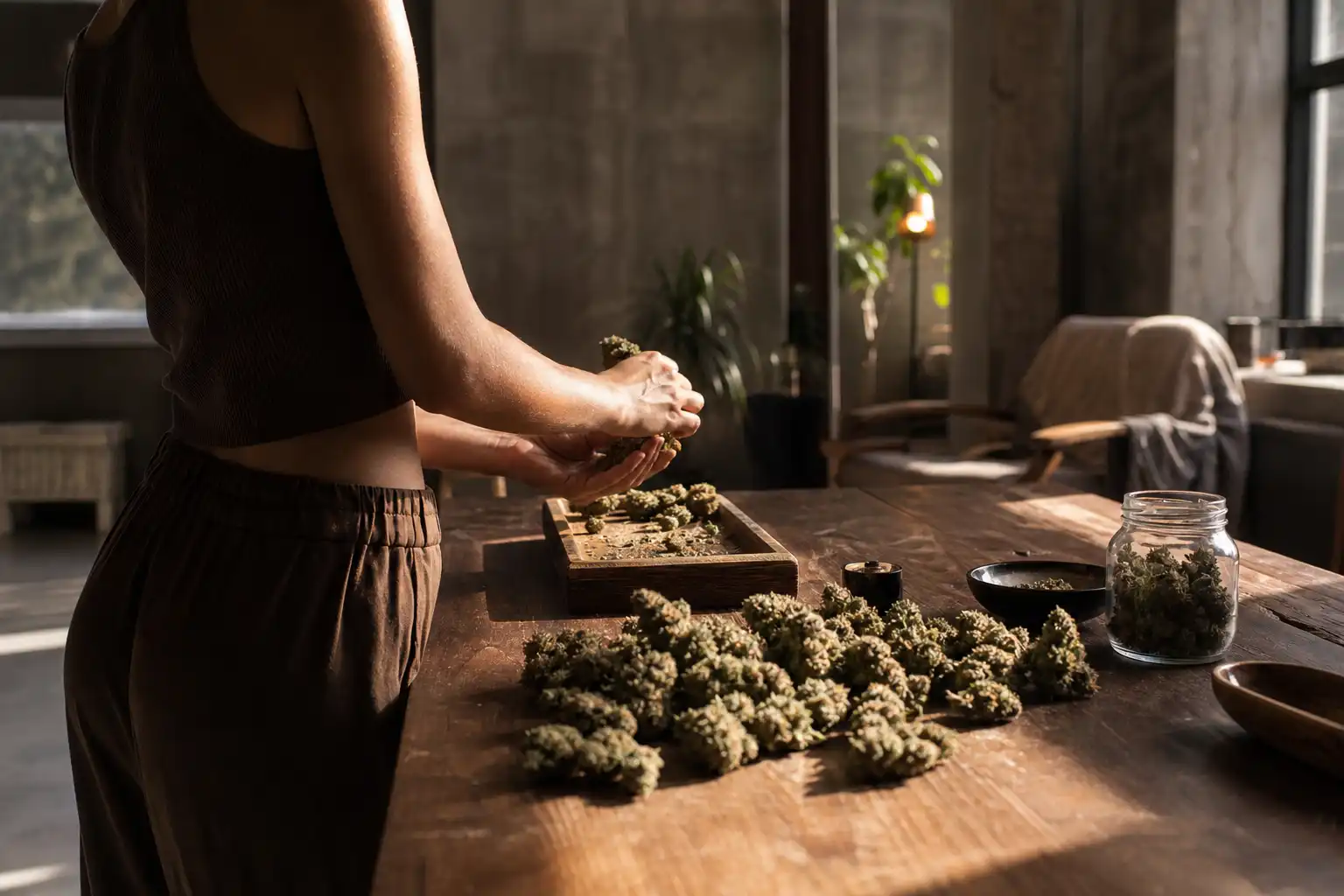 Quelqu'un prépare quelque chose, autour de wnba retire cannabis, près d'une table en bois.