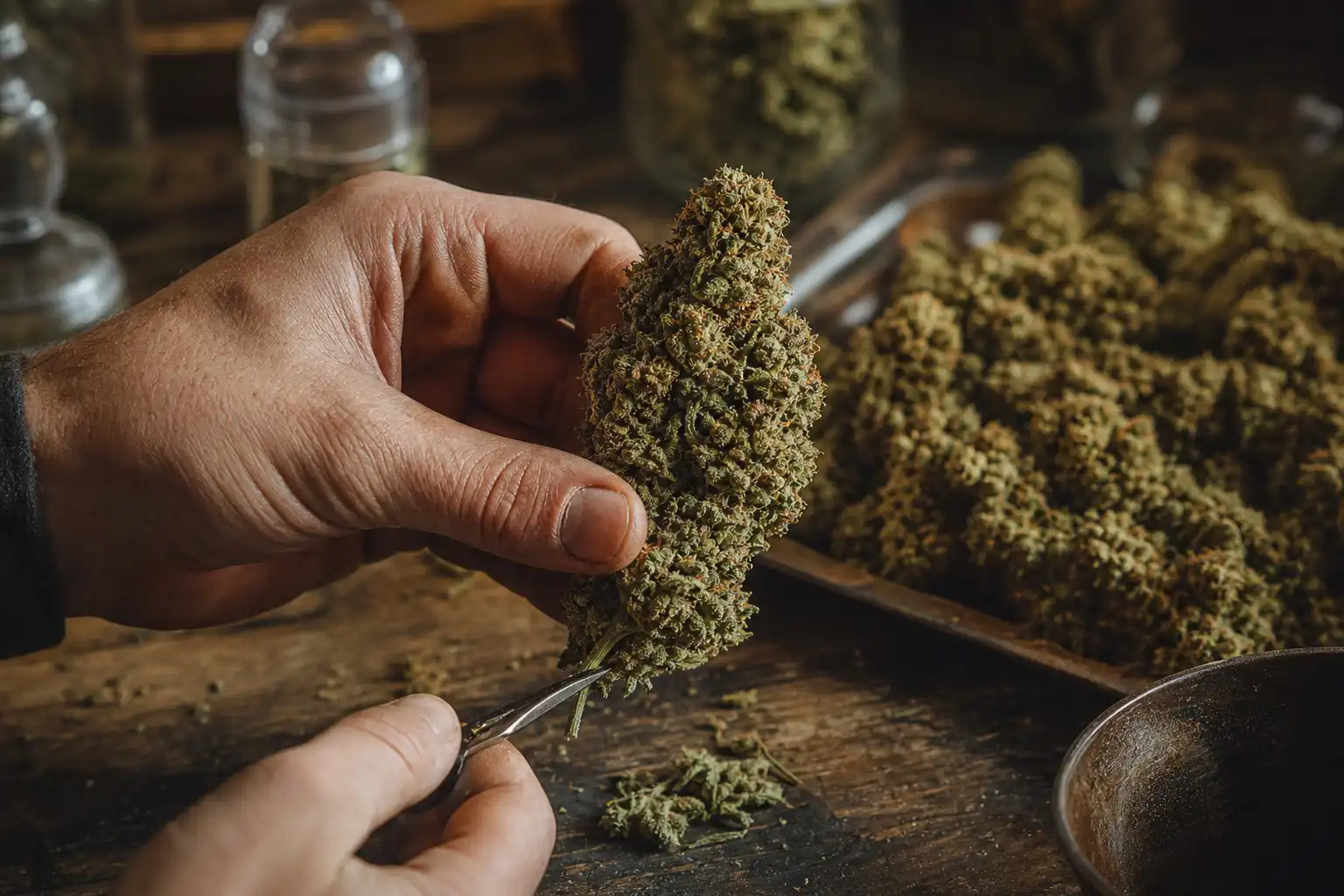 Des mains manipulent un objet, autour d'haze culture floraison, dans un atelier.